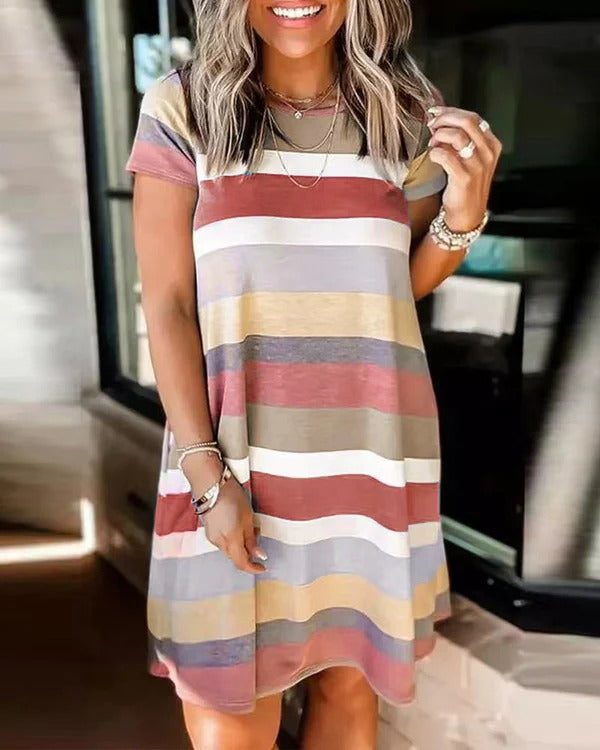 Robe femme casual – Coupe droite fluide – Maille douce – Manches courtes – Genou