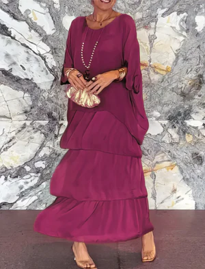 Robe longue femme – Coupe fluide – Manches coudes – Détails à volants