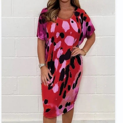 Robe midi femme – Coupe décontractée – Imprimé aquarelle – Manches courtes