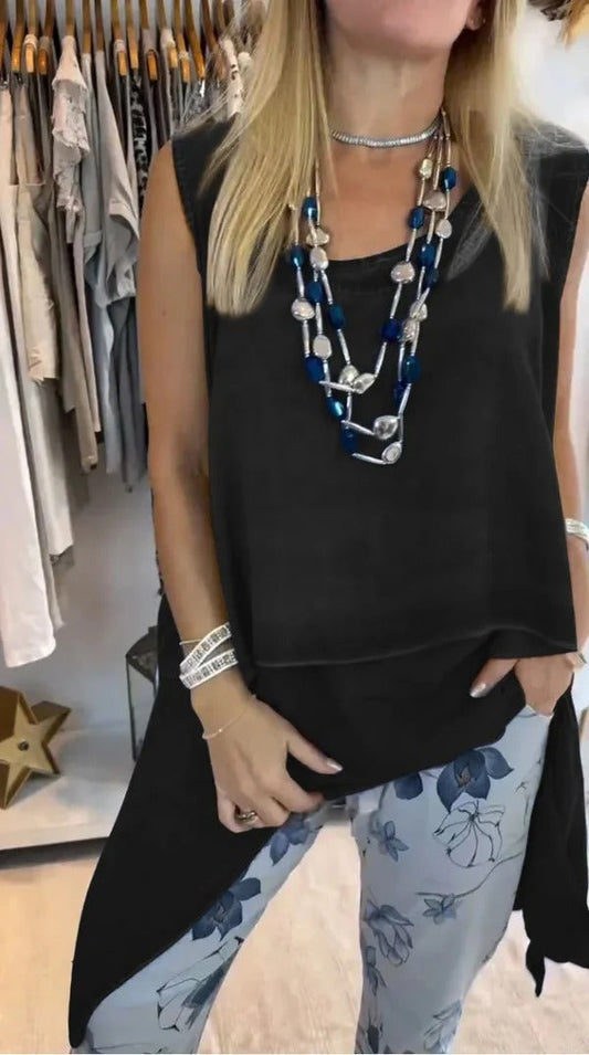 Top long femme – Coupe décontractée – Sans manches – Ourlet asymétrique