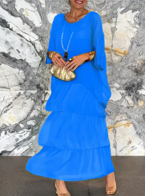 Robe longue femme – Coupe fluide – Manches coudes – Détails à volants