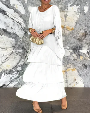 Robe longue femme – Coupe fluide – Manches coudes – Détails à volants