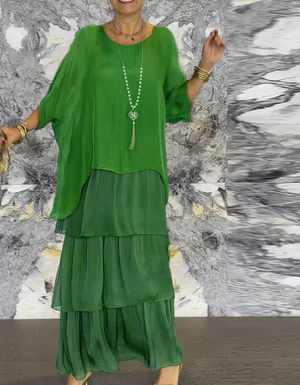 Robe longue femme – Coupe fluide – Manches coudes – Détails à volants