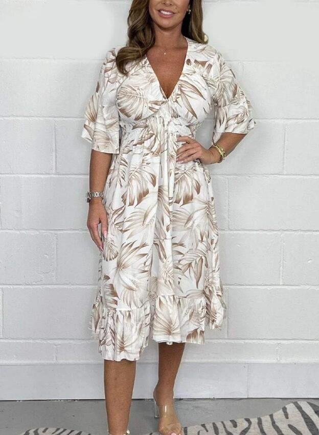 Robe midi femme – Coupe ample – Taille haute – Décolleté en V – Imprimé botanique – Manches à volants