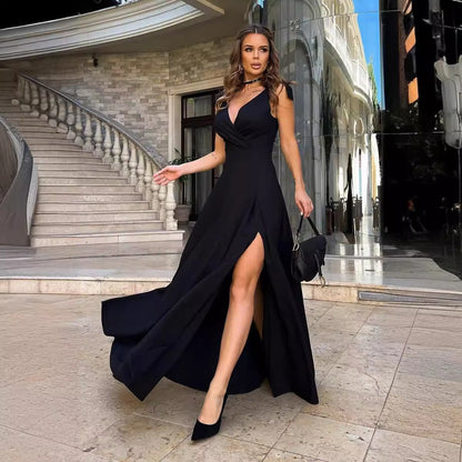 Robe de soirée femme – Coupe slim – En satin lisse – Fente haute – Bretelles fines