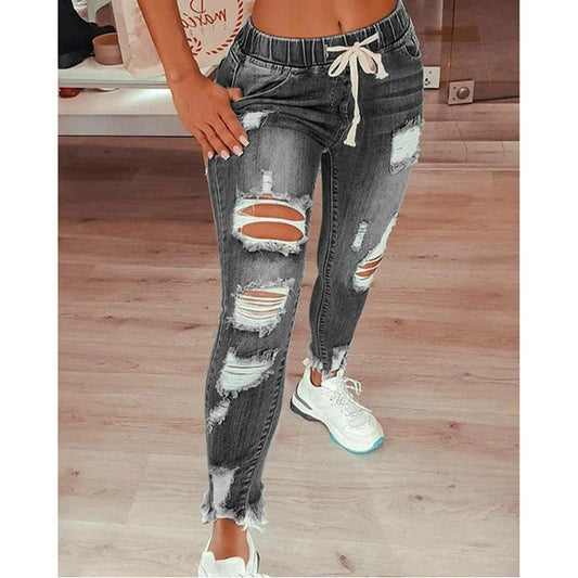 Pantalon décontracté femme – Coupe slim – Effet déchiré – Taille élastique avec cordon
