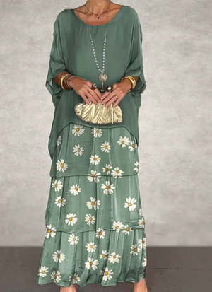 Robe longue femme – Coupe fluide – Manches coudes – Détails à volants