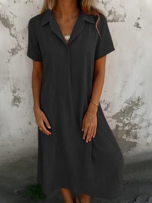 Robe chemise femme – Coupe décontractée – Coton – Manches courtes – Longueur midi