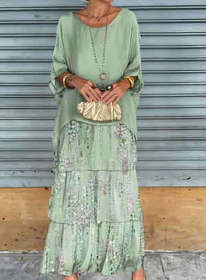 Robe longue femme – Coupe fluide – Manches coudes – Détails à volants