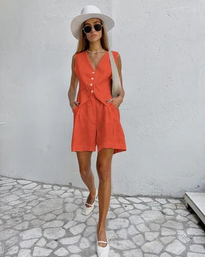 Gilet femme – Lin – Coupe décontractée – Col en V ajusté – Fermeture à boutons