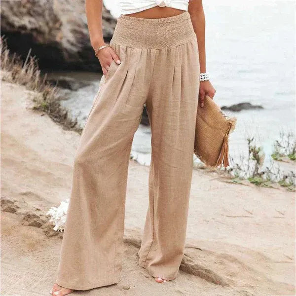 Pantalon large femme – Taille haute – Lin respirant – Coupe ample fluide
