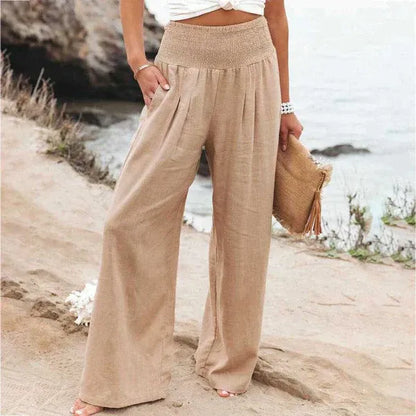 Pantalon large femme – Taille haute – Lin respirant – Coupe ample fluide
