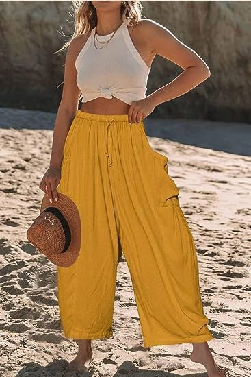 Pantalon femme – Coupe ample – Coton respirant – Taille cordon – Longueur totale