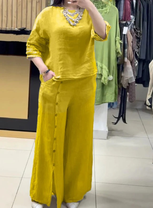 Ensemble Femme – Haut Linnen Coupe Ample – Pantalon Large à Boutons Décoratifs