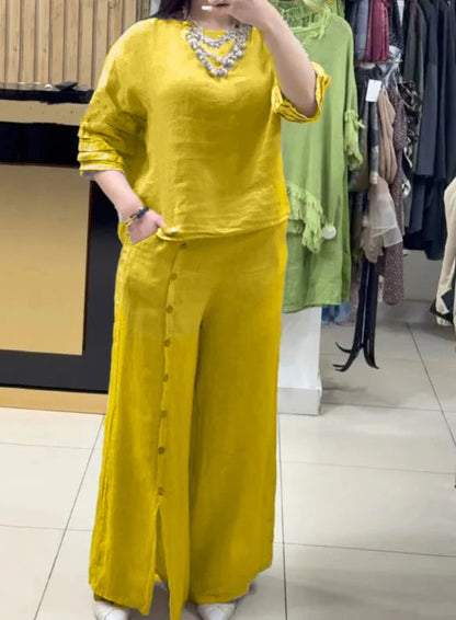 Ensemble Femme – Haut Linnen Coupe Ample – Pantalon Large à Boutons Décoratifs