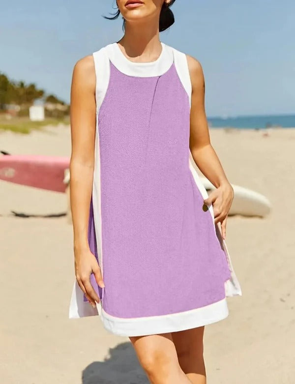 Robe mini femme – Coupe décontractée – Col sport – Sans manches – Poches latérales