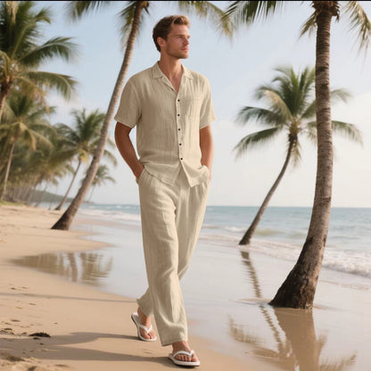 Ensemble Homme Chemise et Pantalon – Lin – Coupe Décontractée – Manches Courtes – Taille Élastique