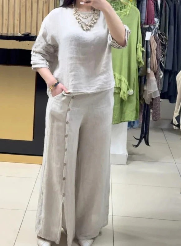 Ensemble Femme – Haut Linnen Coupe Ample – Pantalon Large à Boutons Décoratifs