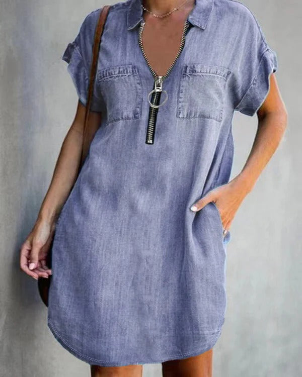 Robe femme en jean – Coupe décontractée – Manches courtes – Fermeture zippée – Poches utilitaires