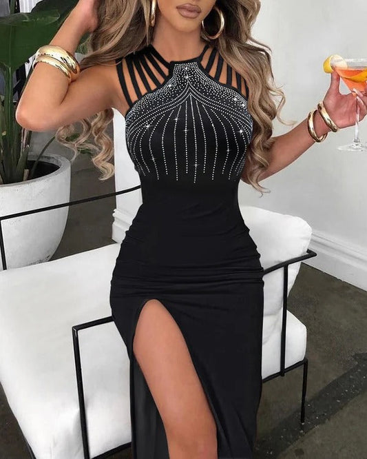 Robe longue femme – Coupe ajustée – Bretelles fines – Détails scintillants – Fente haute
