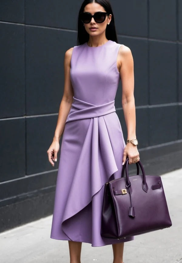 Robe fourreau femme – Coupe ajustée – Drapé asymétrique – Sans manches élégante