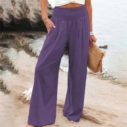 Pantalon large femme – Taille haute – Lin respirant – Coupe ample fluide