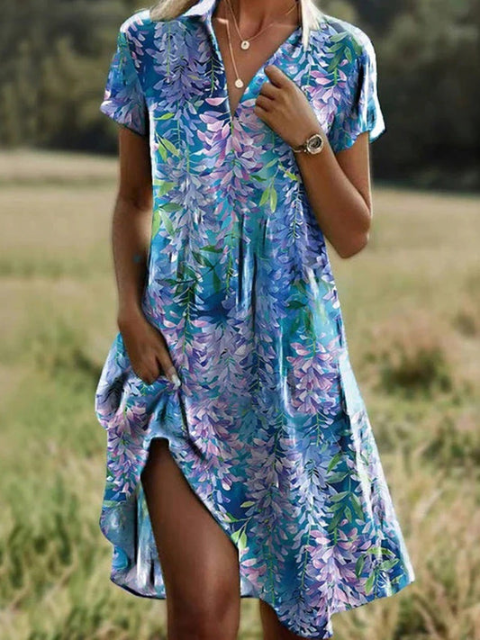 Robe Mini Femme – Coupe Décontractée – Tissu Respirant – Manche Courte – Col V Fleuri
