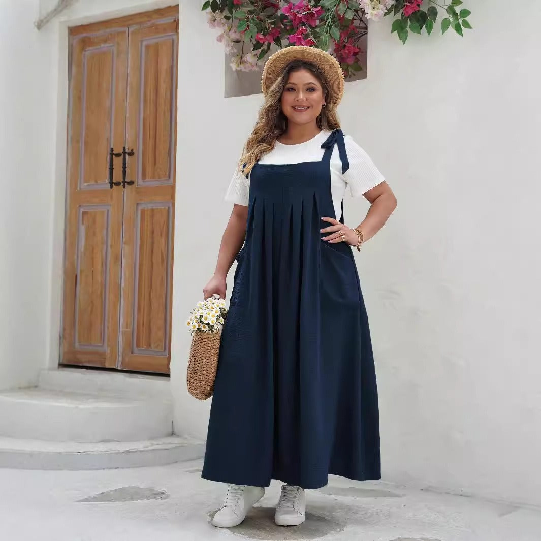 Robe longue femme – Coupe ample – Coton – Sans manches – Bretelles réglables – Poches
