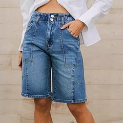 Short en jean femme – Taille haute – Coupe décontractée – Coutures structurées – Longueur genou