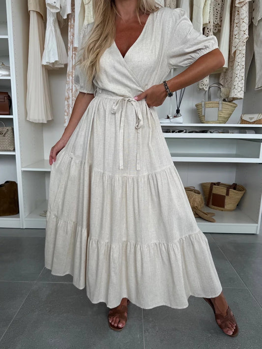 Robe femme longue – Lin léger – Coupe évasée – Décolleté cache-cœur – Manches bouffantes