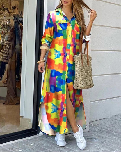 Robe longue femme – Coupe décontractée – Tissu doux coton – Imprimé géométrique – Boutonnée