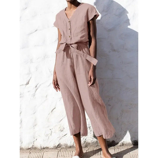 Combinaison femme – Col en V – Coton – Manches courtes – Coupe fluide – Jambe raccourcie