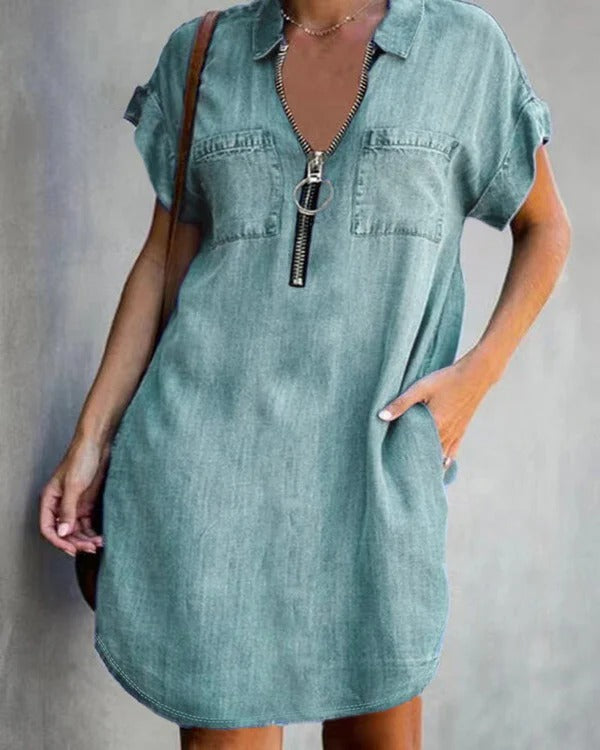 Robe femme en jean – Coupe décontractée – Manches courtes – Fermeture zippée – Poches utilitaires