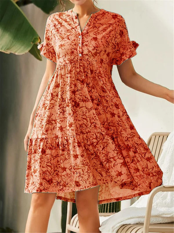 Robe femme évasée – Encolure en V – Manches volantées – Imprimé fleuri – Jupe à volants
