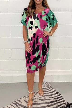 Robe midi femme – Coupe décontractée – Imprimé aquarelle – Manches courtes