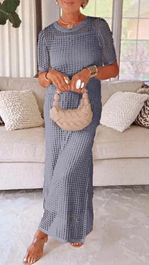 Robe longue femme – Coupe droite – Manches courtes – Tulle transparent élégant