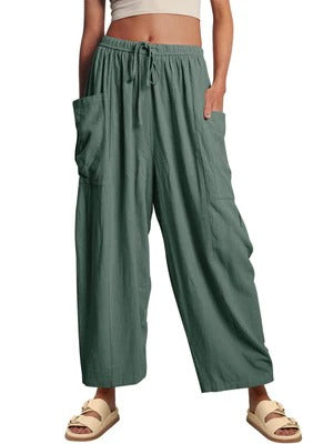 Pantalon femme – Coupe ample – Coton respirant – Taille cordon – Longueur totale