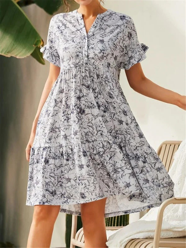 Robe femme évasée – Encolure en V – Manches volantées – Imprimé fleuri – Jupe à volants