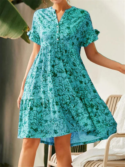 Robe femme évasée – Encolure en V – Manches volantées – Imprimé fleuri – Jupe à volants