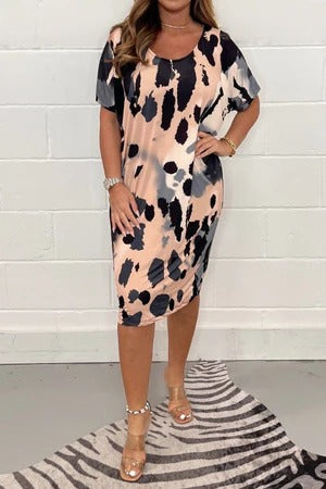 Robe midi femme – Coupe décontractée – Imprimé aquarelle – Manches courtes