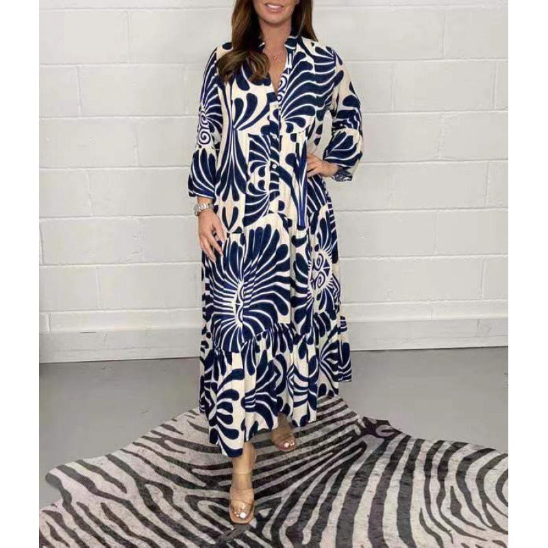 Robe midi femme – Coupe ample – Chiffon – Col en V – Plissée – Imprimée – Manches 3/4