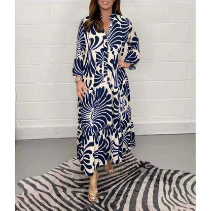 Robe midi femme – Coupe ample – Chiffon – Col en V – Plissée – Imprimée – Manches 3/4