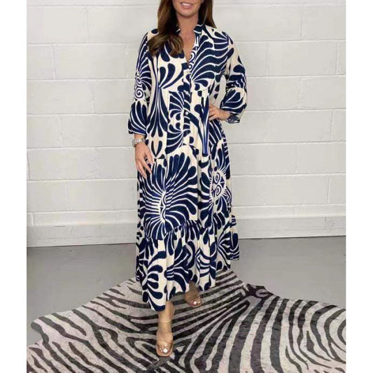 Robe midi femme – Coupe ample – Chiffon – Col en V – Plissée – Imprimée – Manches 3/4