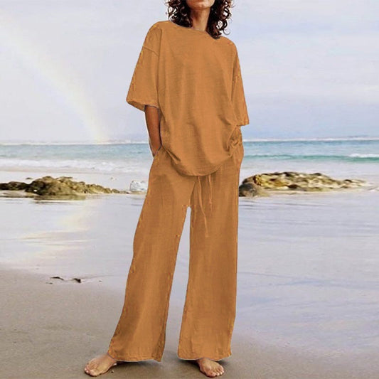 Ensemble femme deux pièces – Haut ample col rond – Pantalon large avec poches