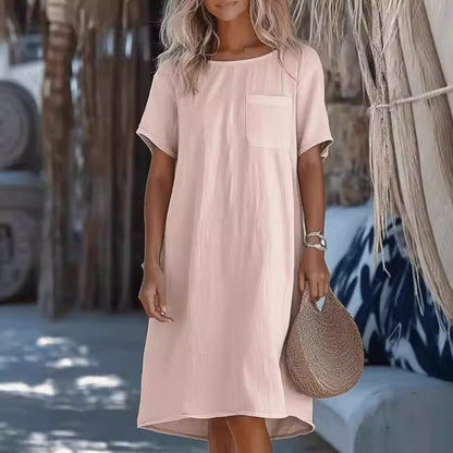 Robe midi femme – Coupe décontractée – Lin et coton – Manches courtes – Col rond