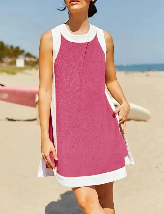Robe mini femme – Coupe décontractée – Col sport – Sans manches – Poches latérales