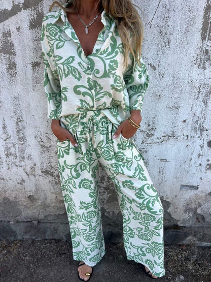 Ensemble Femme Deux Pièces – Coupe Décontractée – Motif Floral – Coton Mélangé