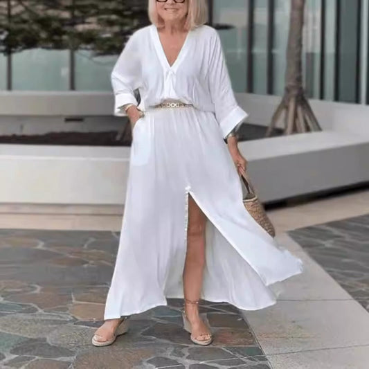 Robe longue femme – Décolleté en V – Fente frontale – Manches longues – Taille ceinturée