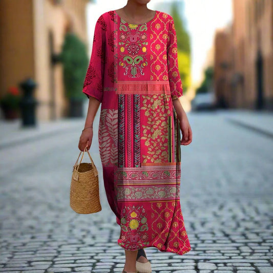 Robe kaftan femme – Coupe fluide – Mélange coton – Imprimé bohème – Longueur cheville