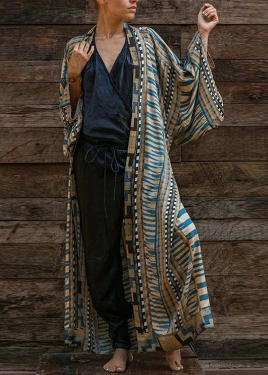 Robe femme longue – Coupe fluide – Imprimé géométrique – Manches kimono – Ceinture